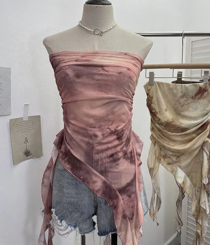 Tie Dye Summer Tops for Women Y2K Strapless Sleeveless Asymmetrical Ruffle Fishtail Ruched Stretch Mesh Vintage Clothes