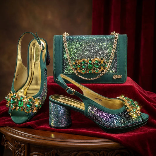 Green Elegant Women's High Heels Shoes  & Bag Set Rhinestone-Embellished Designer Shoes Perfect for Special Occasionss