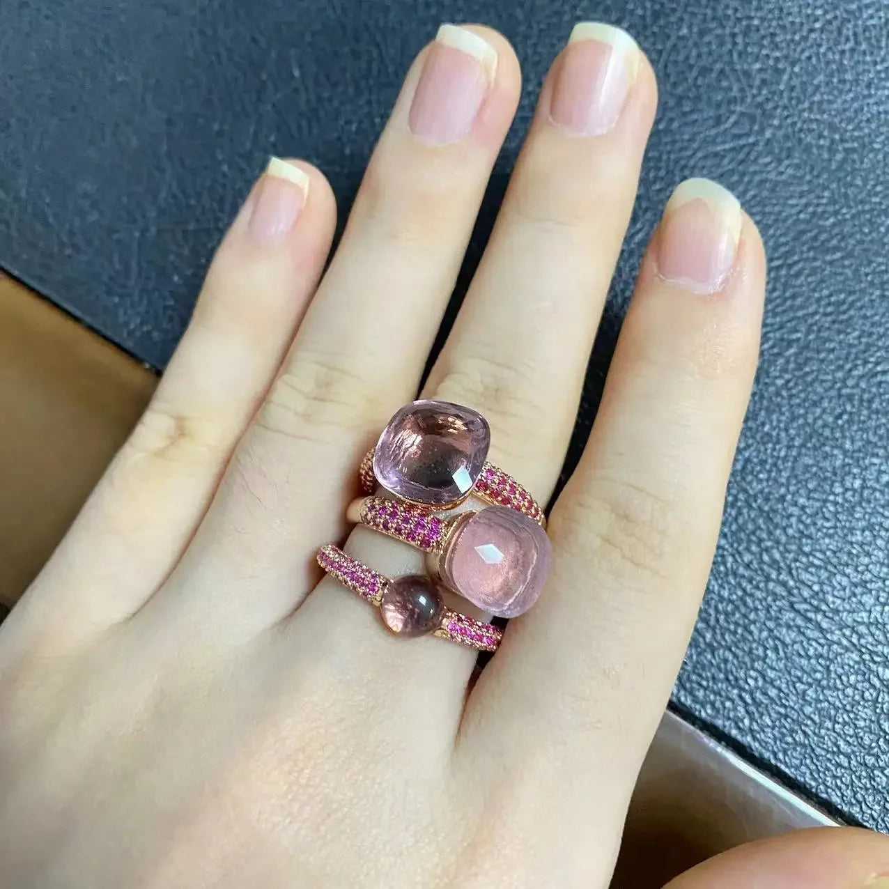 Conjunto de 3 anéis empilháveis ​​Nudo para mulheres, conjunto com cores mistas, cristais tipo bala incrustados, zircônia, ametista, topázio azul, joia redonda, presente
