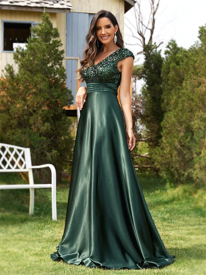 Elegant V-Neck Green Pleats Sequins Evening Dresses Long Luxury Women Satin Sleeveless Wedding Party Cocktail Gowns