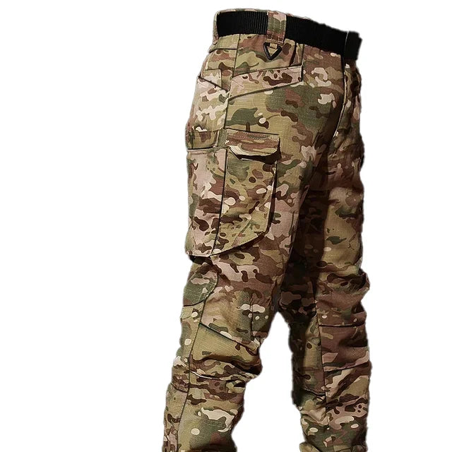 Autumn Tactical Sets Men Outdoor Breathable Short Sleeve Tshirt+Waterproof Straight Pant 2 Pcs Suits Camo Multi-pocket Cargo Set