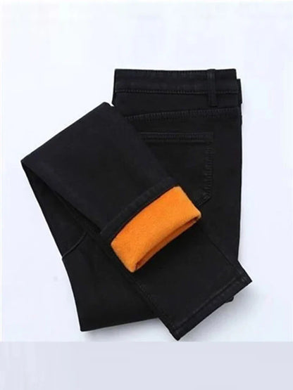 Women's Thick Velvet Jeans, Stretch High Waist Pencil Pants