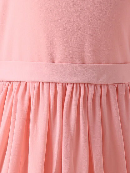 Summer Girls' Round Neck Flying Sleeve Solid Color Princess Dress With Cinched Waist To Show Off Slimming Temperament Dress