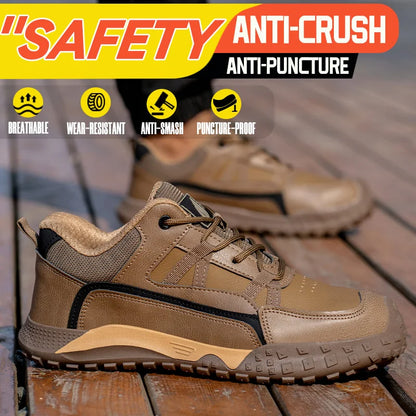 New Safety Men Work Sneakers Anti-smash Indestructible Shoes Steel Toe Protective Boots Anti-puncture Brown Work Safety Shoes