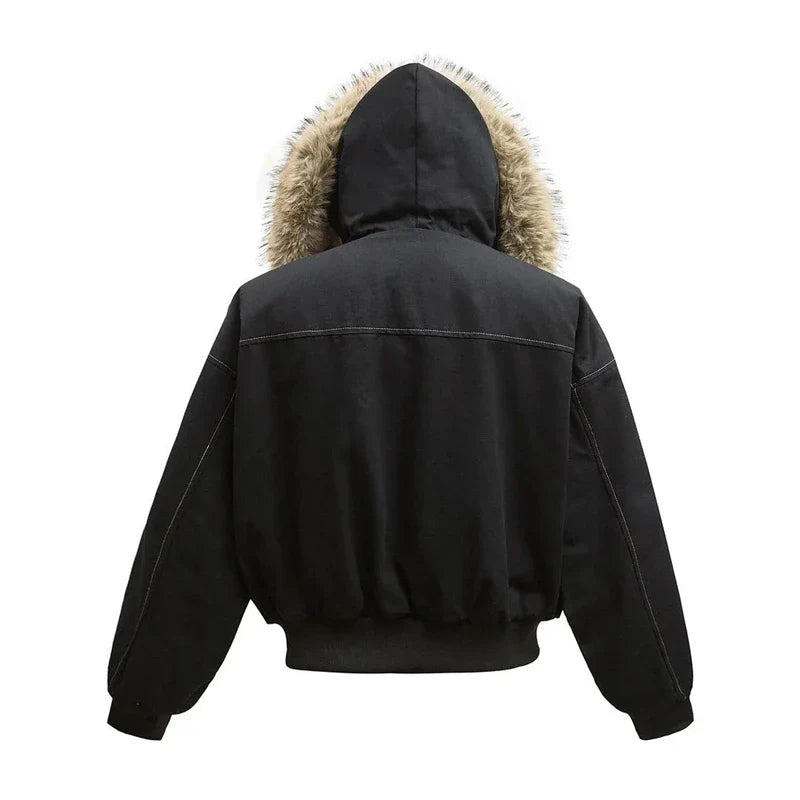 Casaco de Inverno Masculino Hip-hop Novo Casaco Parka Casual Grosso Quente Feminino Streetwear Gola de Vison Falso Solto com Capuz Casaco Curto para Casal