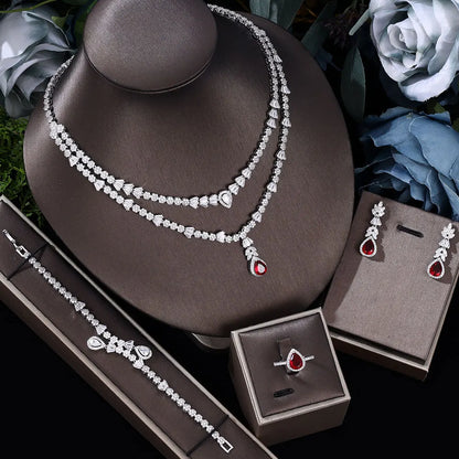 Double Layers Necklace Earring 4 Pieces Sets Luxury Cubic Zirconia Dubai Nigeria Wedding Bridal Jewelry Sets