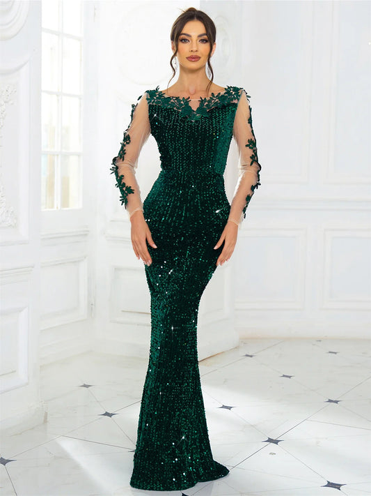 Vestido De Festa Longo Com Lantejoulas E Flores Gola O Manga Comprida Elegante Feminino Sexy Sem Costas Para Formatura