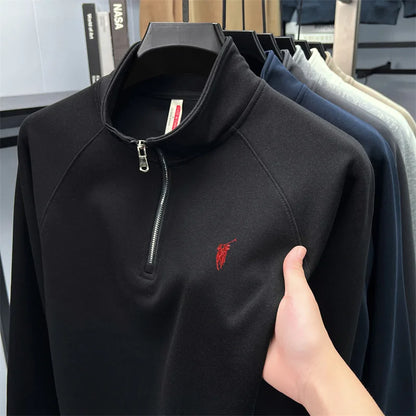 Half zip hoodie men's long sleeved t-shirt autumn plus size middle-aged and young embroidered pony logo collar polo shirt top