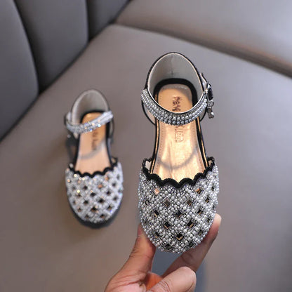 Summer Girl's Sandals Sliver Pink Diamante Luxury Hollow-out Kids Sliders Hook-loop Round Toe Glitter Stylish Children Shoe26-36