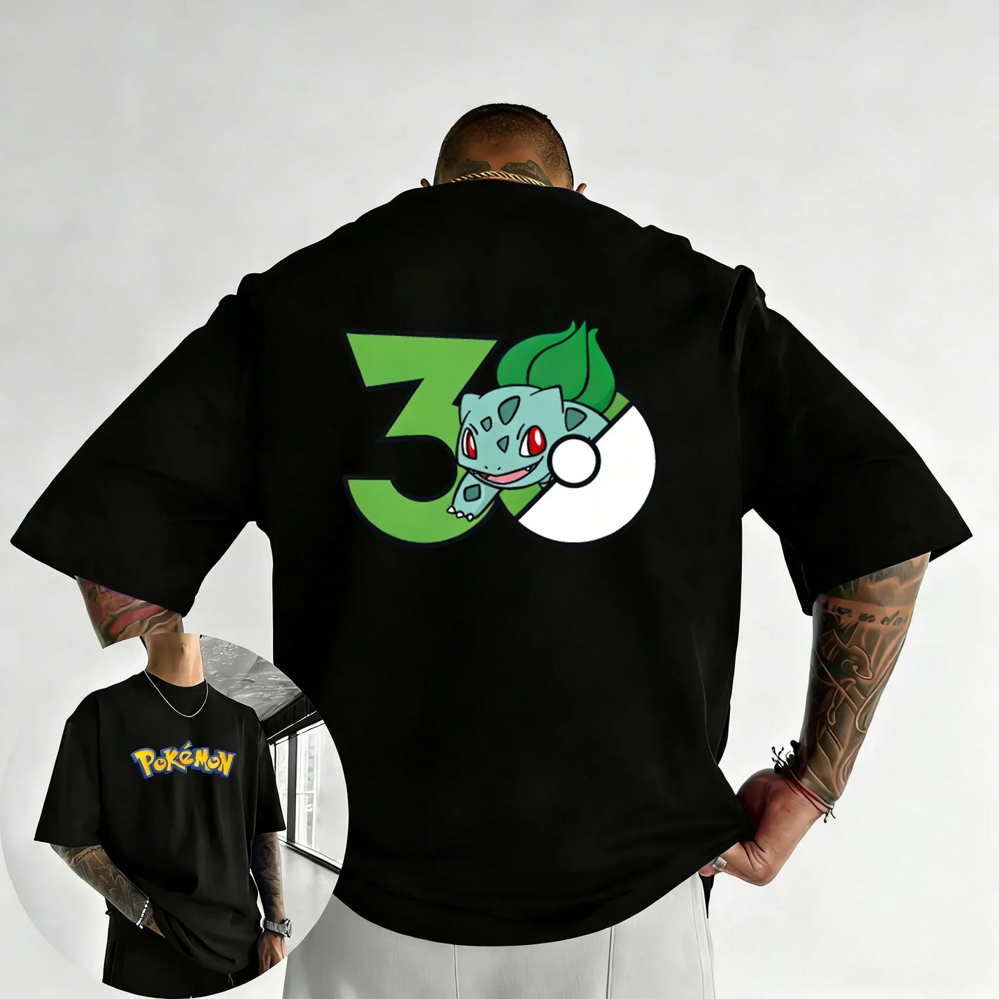 30th Anniversary Bulbasaur Printed T-shirt Summer Men's and Women's Loose Casual Hip Hop Trendy Short Sleeve Top