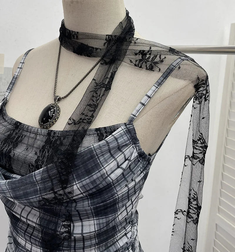 Y2K Plaid Camisole for Women Summer Casual Lace Scarf Breathable Stretch Mesh Patchwork Asymmetrical Ruffle Slim Tops