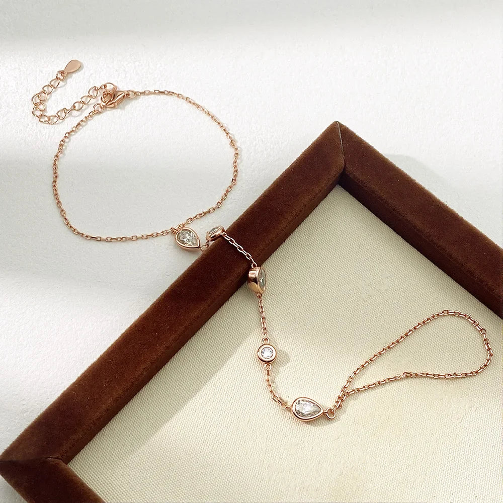 Dainty All Pear Round Cut Moissanite Finger Chain Bracelets Women 14-20cm Wrist Size Adjustable s925 Silver Hand Jewelry