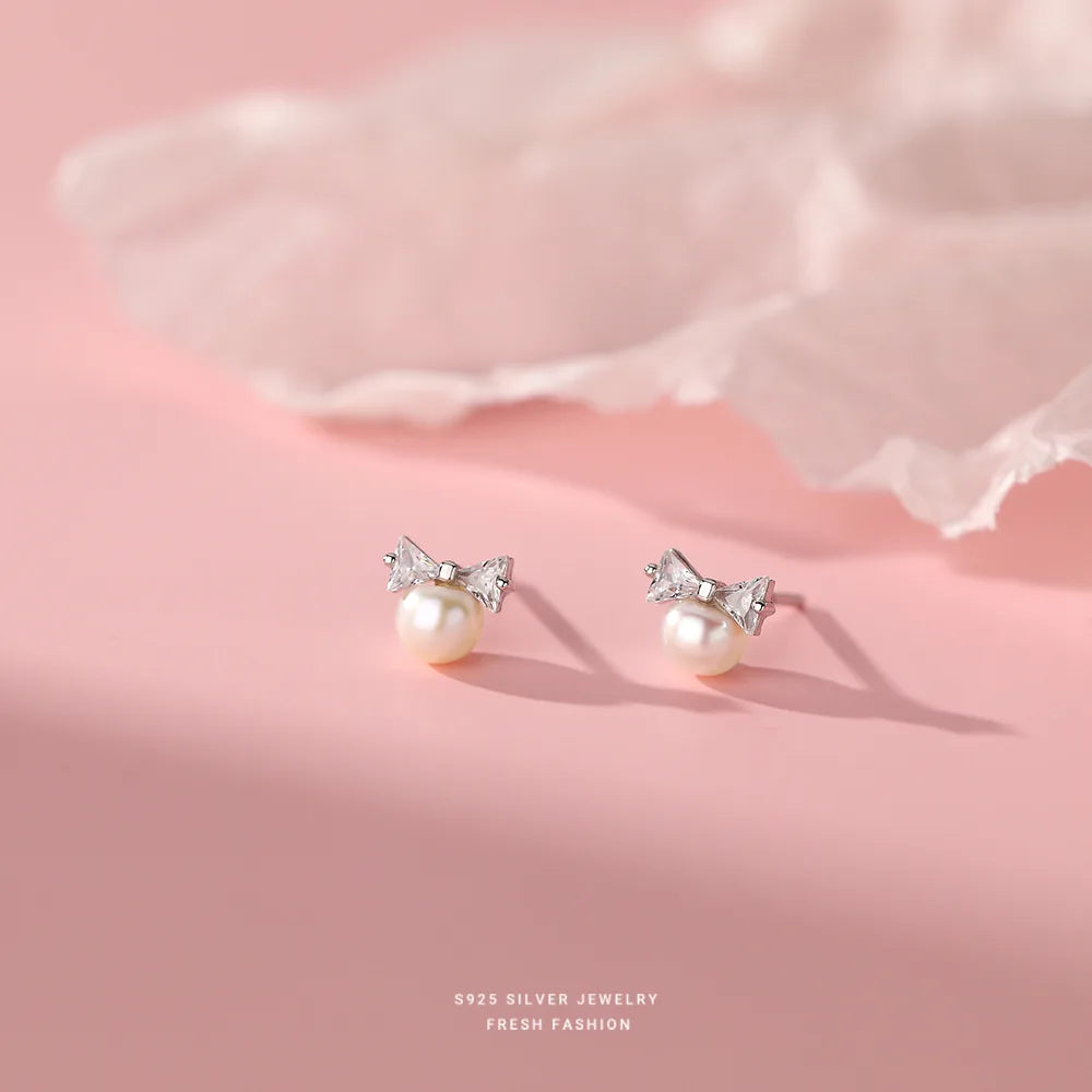 Korea Exquisite Vintage Zircon Pearl Bow Sweet Stud Earrings for Women 925 Sterling Silver Jewelry