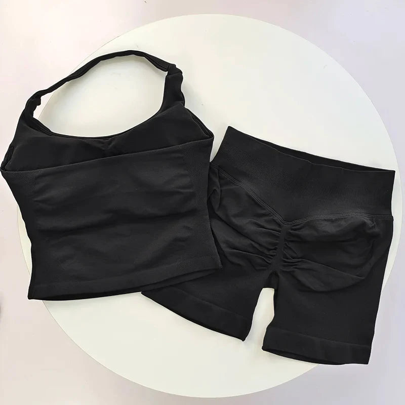 2 Pieces Sports Set Women Backless Halter Tops High Waist Seamless Hight Stretch Shorts Gym Suit Sportswear Workout Sets