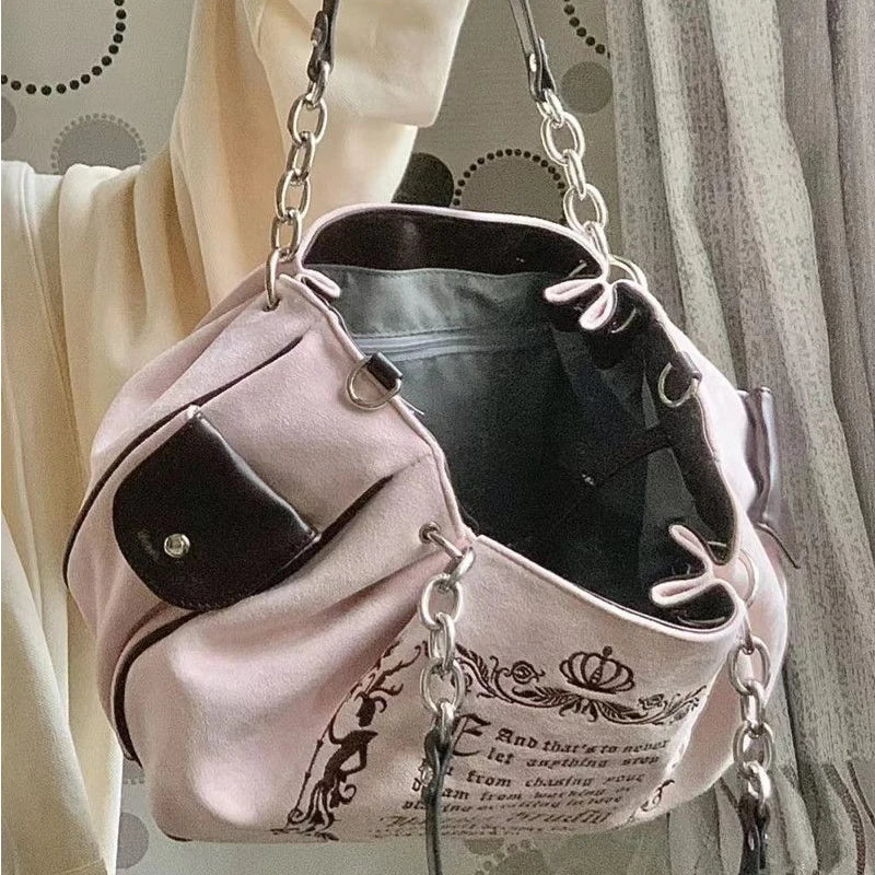 Bolsa Tote Feminina Rosa Vintage Y2K Gótica Estética Grande Capacidade Bordado Letra Retrô Corrente Grunge Viagem Ombro