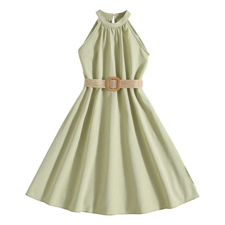 Elegant Summer Princess Dress for Teen Girls with Halter Neck and Off-Shoulder Children Sleeveless Casual Clothes with Belt