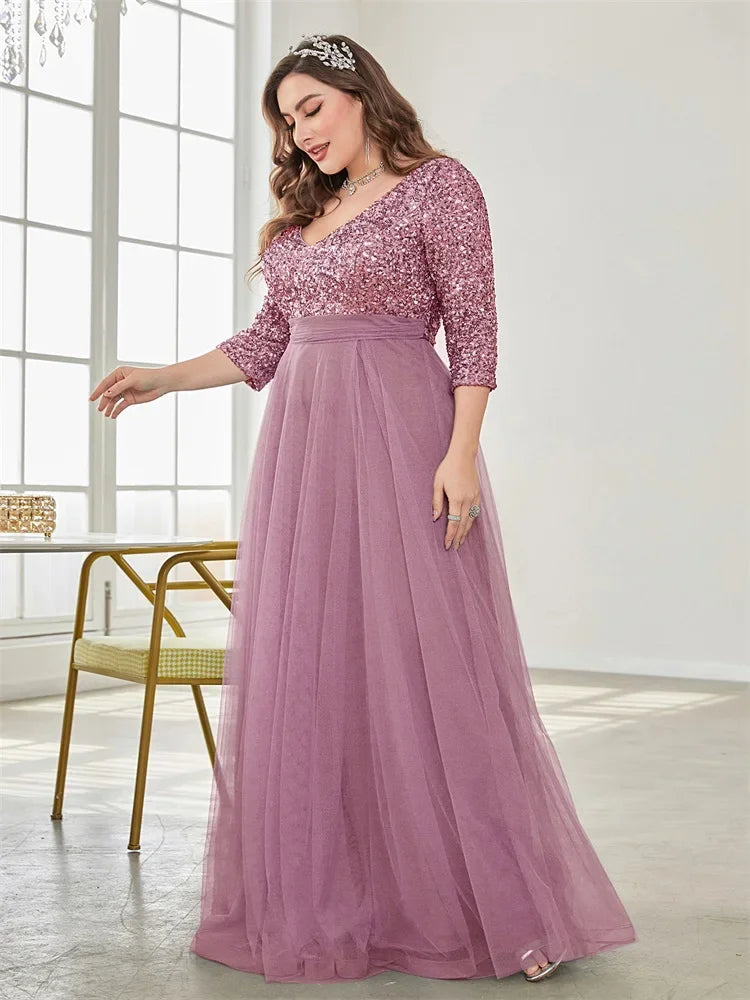 plus Size Luxury Floor Length V-Neck Evening Dress 2025 Women Elegant Party Maxi Dress Sequins Short Sleeves Prom Cocktail Gown