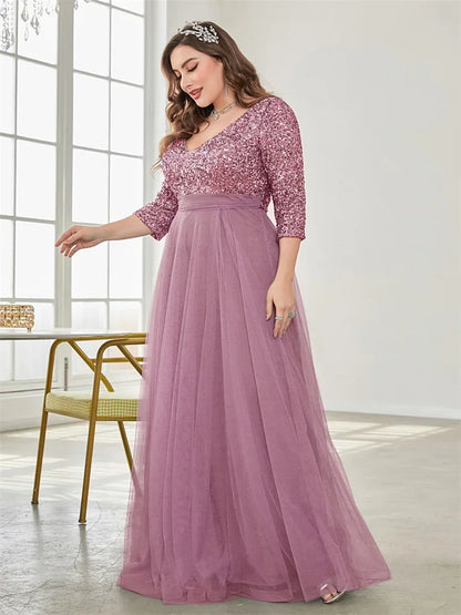 plus Size Luxury Floor Length V-Neck Evening Dress 2025 Women Elegant Party Maxi Dress Sequins Short Sleeves Prom Cocktail Gown
