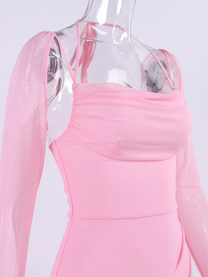 Halter Flounce Sleeves Mesh Pink Dress Women Sexy Solid Backless Bandage Mini Vestido Summer Vacation Party Club