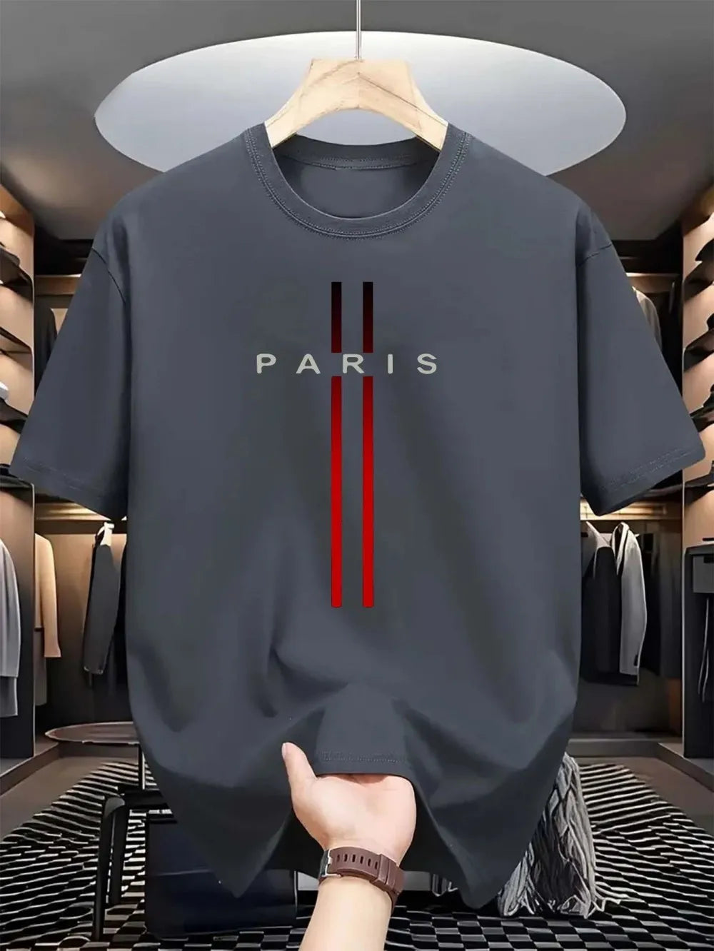 Men's new polyester fabric comfortable and breathable round neck T-shirt Paris letter printed pattern outdoor casual top
