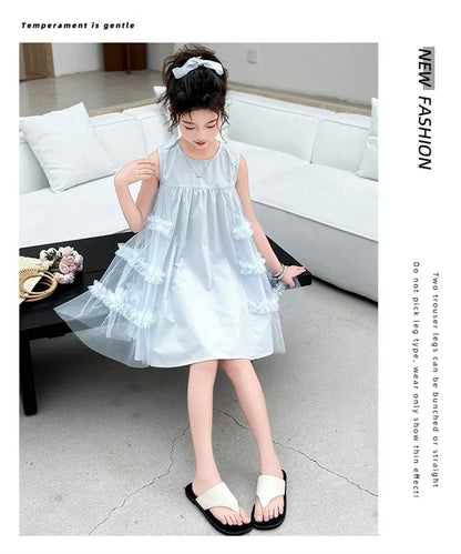 Cute blue lace sleeveless dress With Bag princess dress For 2-10 Yrs baby girls Children Clothes 6.1 Children's Day Clothing