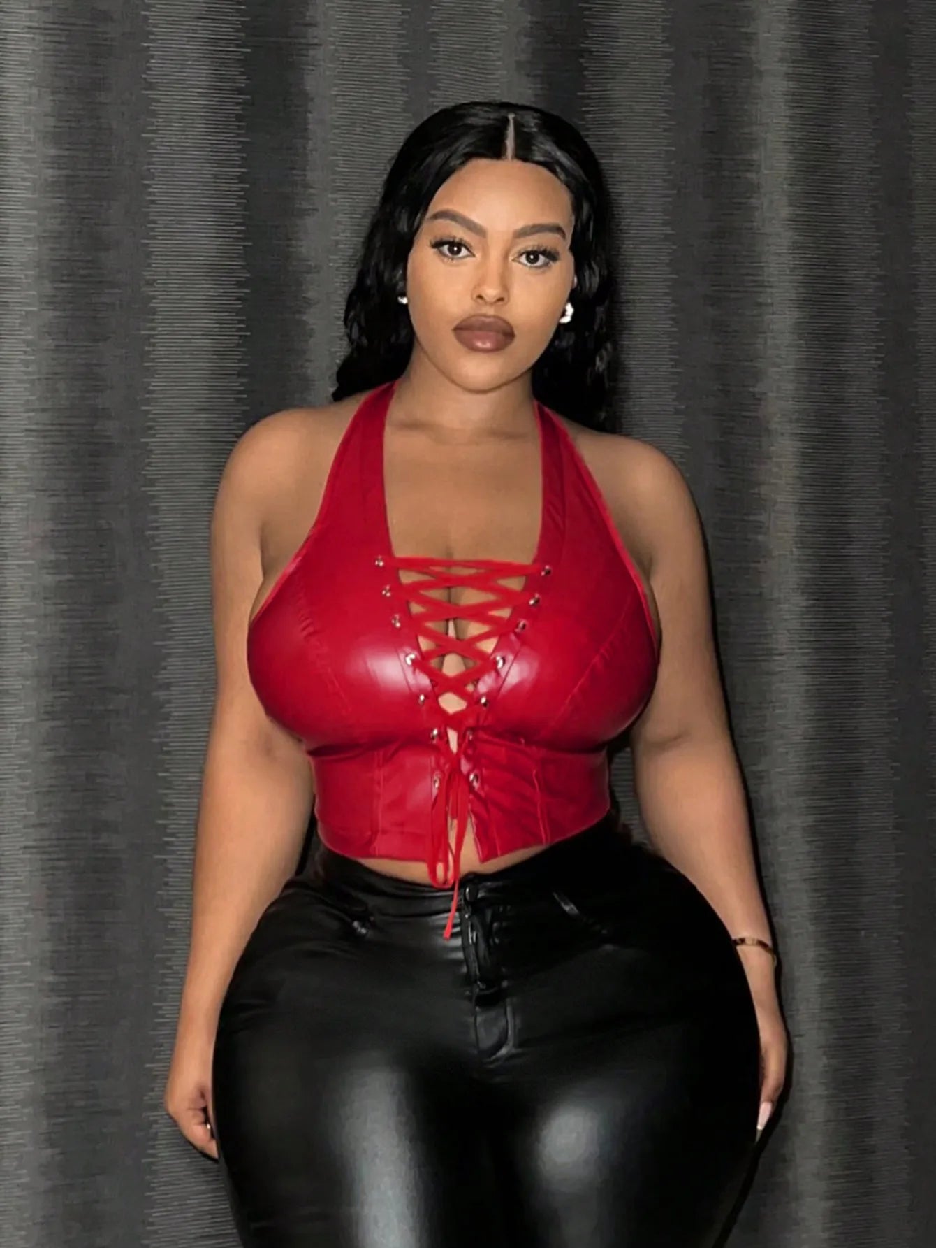 Sexy Leather Crop Top for Women with Hanging Neck Strap Hollow out Belted Waist Tight Strap Vest Large Size European Style