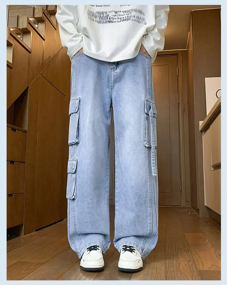 2025 Autumn New Men's Loose Jeans Multi-pocket Work-wearing Jeans Street Hip-hop Straight Wide-leg Pants Baggy Dance Pants