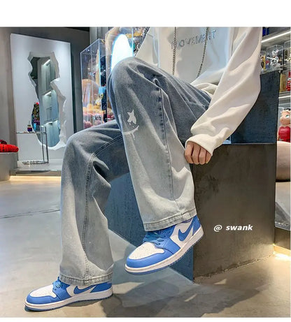 Harajuku Smile Print Baggy Pants Men Streetwear Wide Leg Oversize Jeans Vintage Y2k Straight Long Trousers Male 2024 Fashion