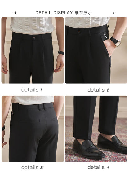 High Quality Men's Business Casual Slim-Fitting Suit Pants, Classic Solid Color Straight Work Trousers