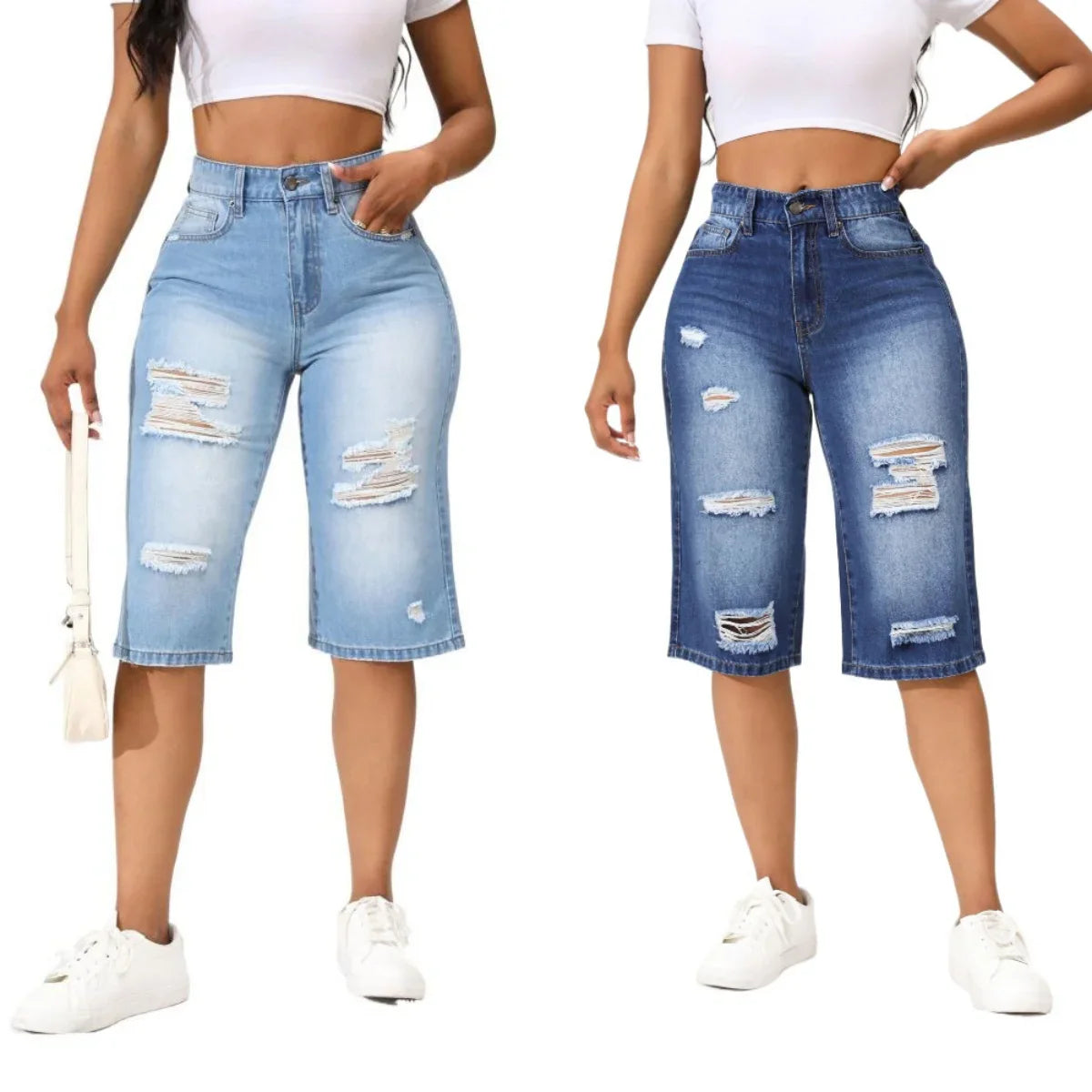 Calf-Length Jeans For Women Fashion Ripped Slim Fit Casual Clothing