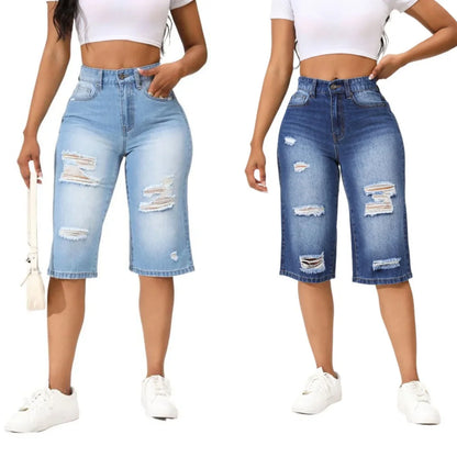 Calf-Length Jeans For Women Fashion Ripped Slim Fit Casual Clothing