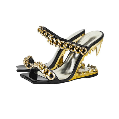 Big Gold Chain Peep Toe Tiger Teeth Heel Sandals 2024 New Fashion Silvery Beach Party Outdoors Women's Slippers Size 35-43