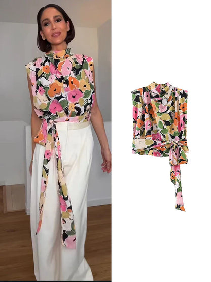 Summer 2026 Women Sleeveless Blouse Top Elegant Floral Printed Shoulder Pad Top Chic Side Tie-up Fashion Lady Vest