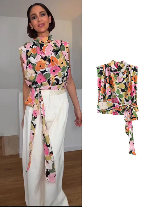 Summer 2026 Women Sleeveless Blouse Top Elegant Floral Printed Shoulder Pad Top Chic Side Tie-up Fashion Lady Vest