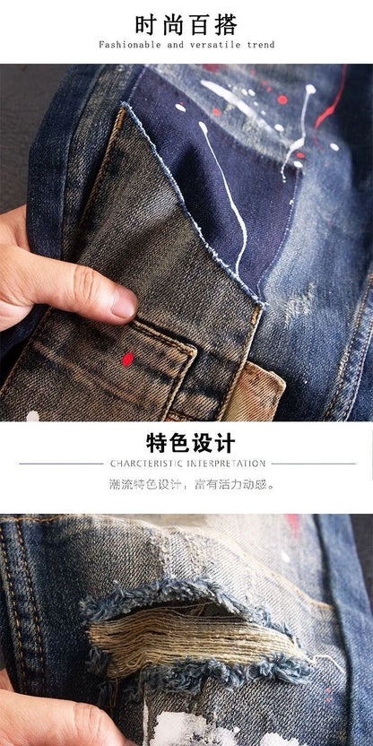 2024 Spring and Autumn New Fashion Trend Printed Straight Leg Stretch Jeans Men's Casual Loose Comfortable High Quality Pants