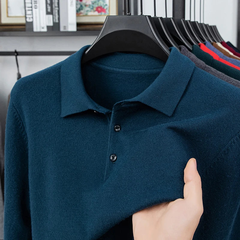 Original Quality Men's Polo Shirt Exquisite Simple Long Sleeve Knitted Lapel Sweater Autumn Winter Business Casual Menswear Top