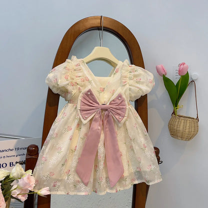 New Summer Princess Girls Dress Full Print Roses Flowers Pearl Inlay Decoration Puff Sleeve Bow Mesh Tutu Party Dresse For Kids