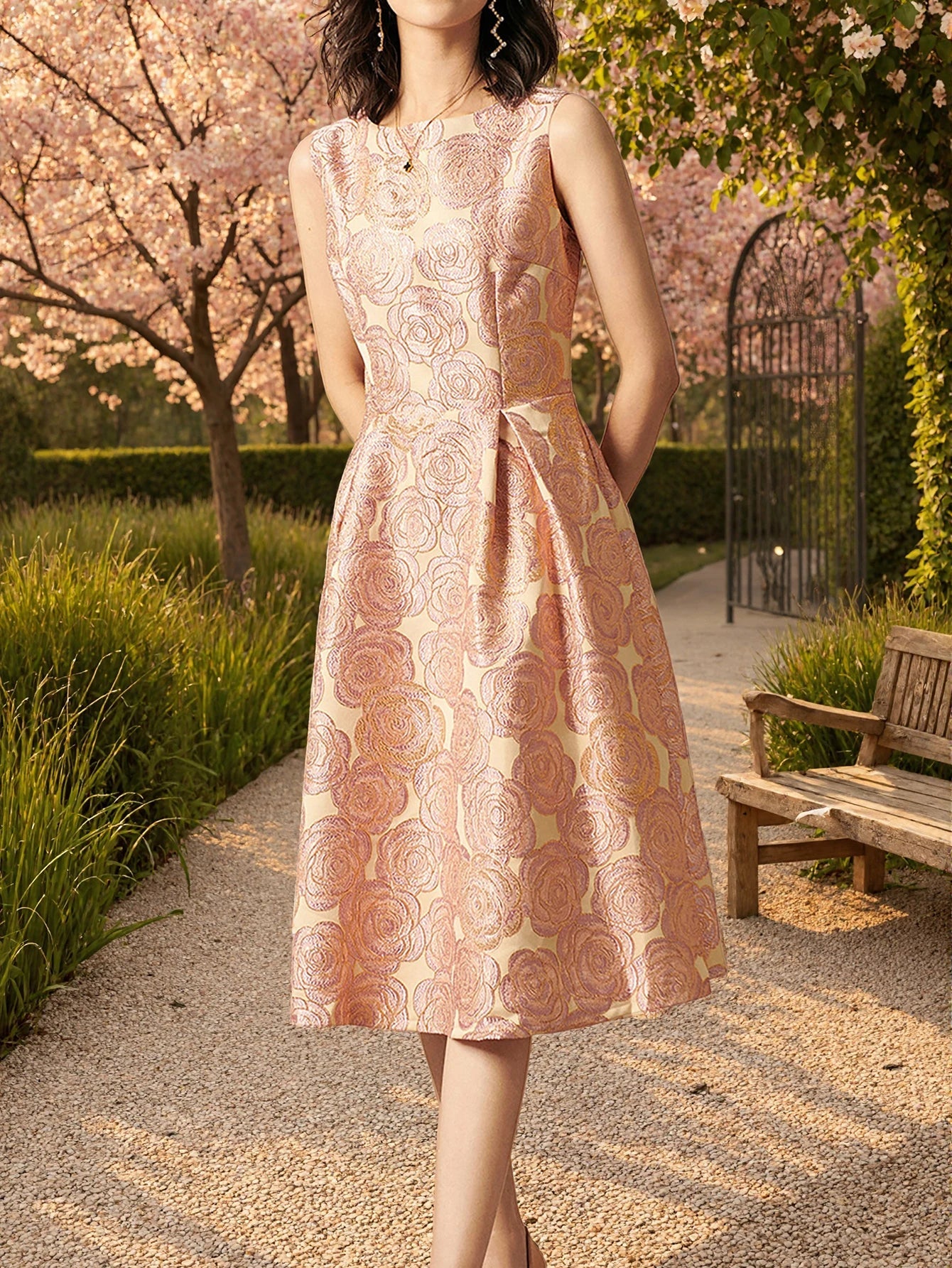 Elegant Women Sleeveless Summer Jacquard Boho Floral Vintage Ladies Party Clothes New A-Line Midi Dress Ladies Gowns