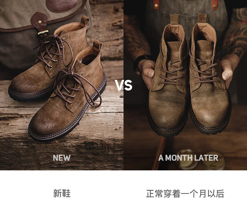 Men's Vintage Split Suede Boots Brown High-Top Work Boots Lace-Up Desert Ankle Rugged Sole Boots Outdoor Winter Fall Shoes