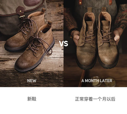 Men's Vintage Split Suede Boots Brown High-Top Work Boots Lace-Up Desert Ankle Rugged Sole Boots Outdoor Winter Fall Shoes