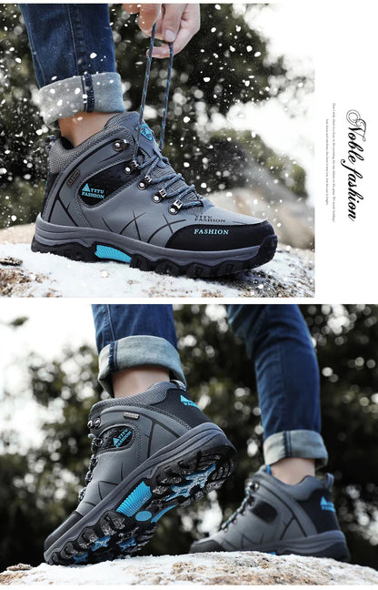 Winter Warm Cotton Shoes Men Outdoor Leather Black Casual Shoes Fur Sneakers High Top Rubber Ankle Boots Male Hiking Trekking 46