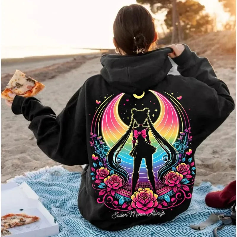 Neon Art Hoodie, Autumn Winter Y2K Rainbow Moon Girl Print Sweatshirt, Edgy Loose Hooded Top for Women