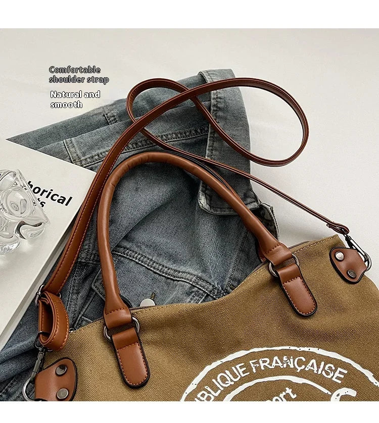 Portable Canvas New Trend Fashion Women's Bag Letter Large Capacity Tote Bag Leisure Commuting Single Shoulder Diagonal Span