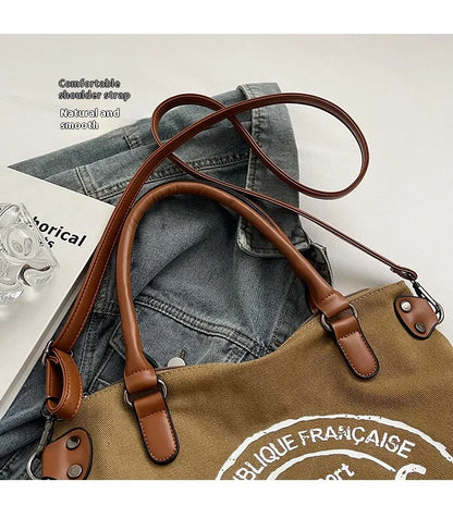 Portable Canvas New Trend Fashion Women's Bag Letter Large Capacity Tote Bag Leisure Commuting Single Shoulder Diagonal Span