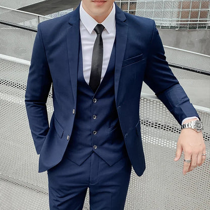 Suit Men's (Blazer+ Vest + Pants) 2025 Business Gentleman Fashionable and Fitted Casual Work Solid-color Wedding Best Man Suit