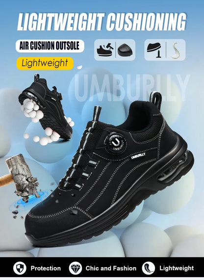 Men's Safety Work Boots Steel Toe Puncture Resistant Kevlar Midsole Air Cushion Black Button Style Industrial Construction Shoes