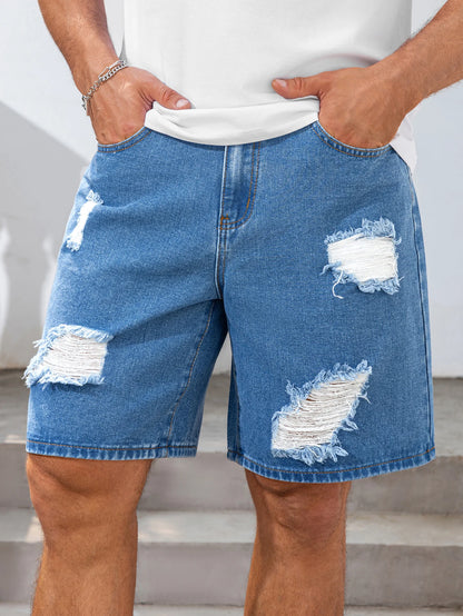 2026 Summer Men's Fashionable Blue Ripped Denim Shorts Loose Fit Non-stretch Fabric BlueWhite Simple Clean Cool Color Men Pants