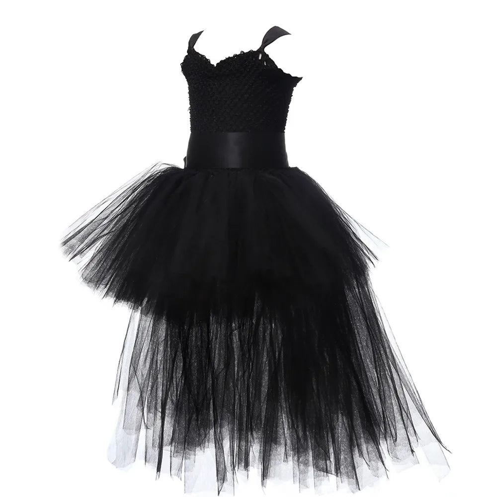 Vestido Tutu Rosa e Preto para Meninas, Vestido de Tule com Cauda e Decote V para Festa de Aniversário, Vestido de Baile para Meninas, Fantasias de Halloween Infantis