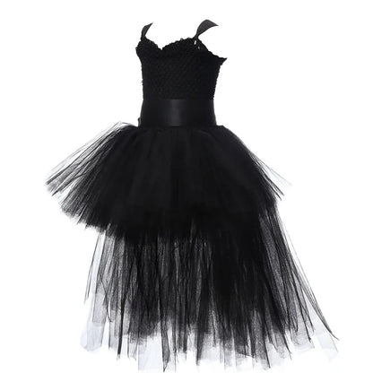 Vestido Tutu Rosa e Preto para Meninas, Vestido de Tule com Cauda e Decote V para Festa de Aniversário, Vestido de Baile para Meninas, Fantasias de Halloween Infantis