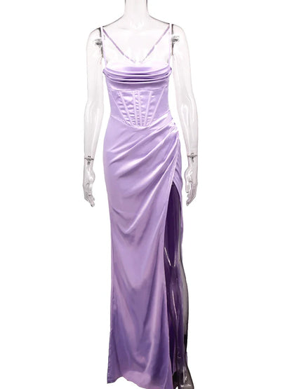 New Summer Prom Dress Women'S Sling Sleeveless Solid Color Dress One Word Neck Slim Fit Open Back Slit Red Sexy Dress